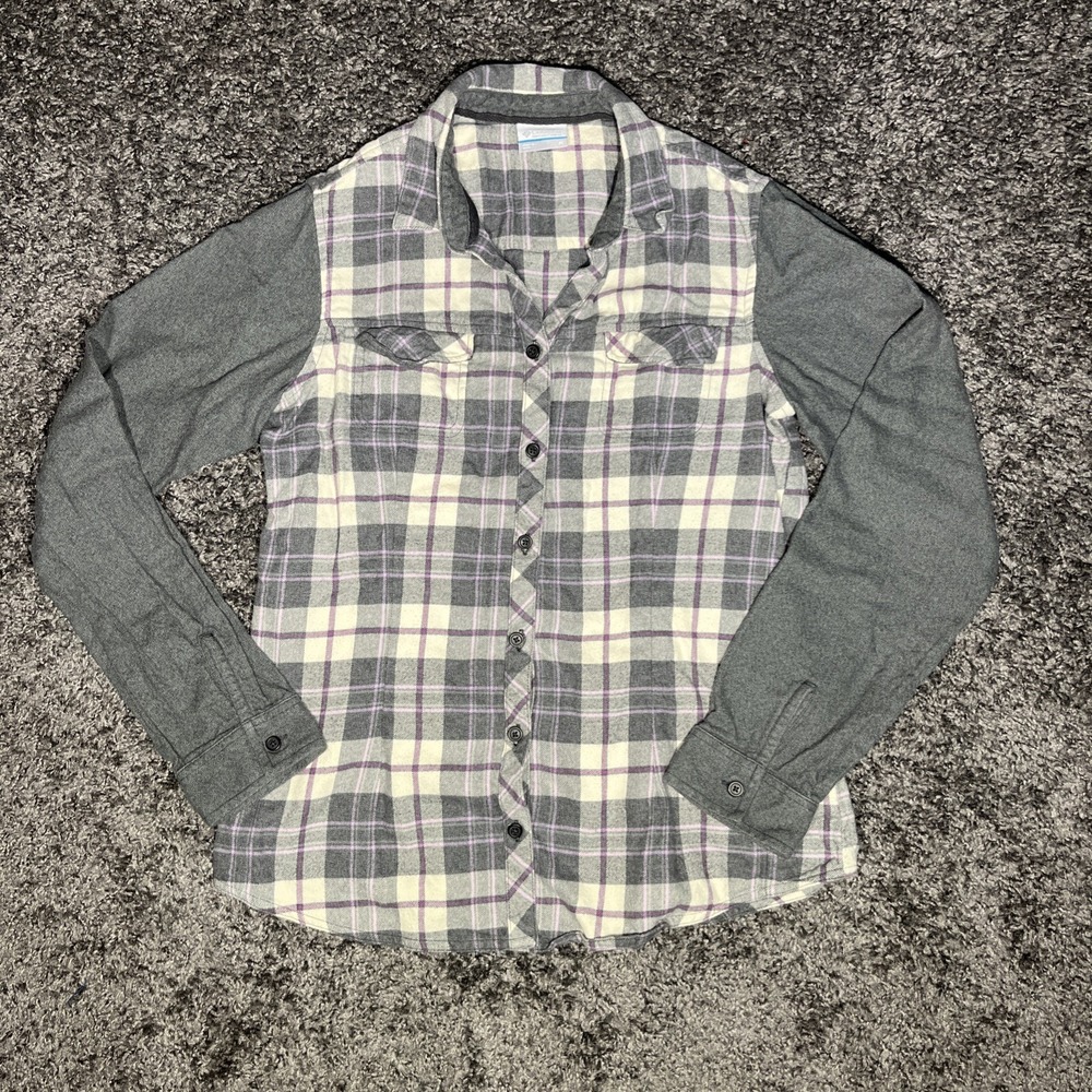 Columbia Flannel‎ Shirt Womens Medium Gray Plaid Button Front Outdoors Cotton